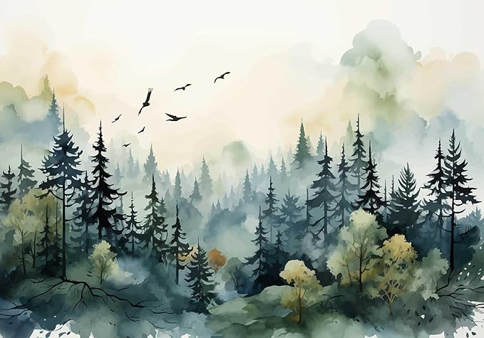 Green Forest Woodland Wallpaper Mural Large Art Wall Decorative Mural for Bedroom Living Room (Not Self-Adhesive)