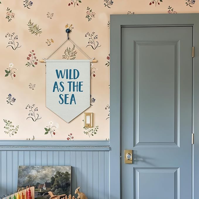 Wheatwin Ocean Nursery Decor, Wild As the Sea Blue Wall Hanging Pennant Flag Banner, Coastal Beach Wall Decor for Kids Boys Girls Toddler Nursery Room Bedroom Playroom 15x11 Inch