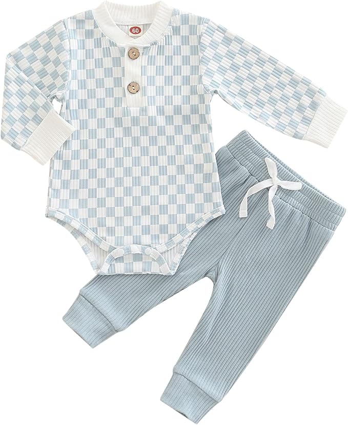 Newborn Baby Boy Girl Clothes Ribbed Knitted Cotton Long Sleeve Romper Long Pants Solid Color Fall Winter Outfits