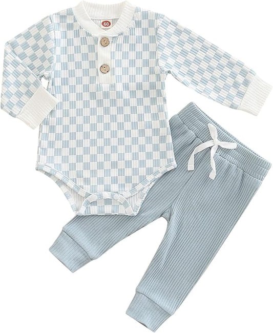Newborn Baby Boy Girl Clothes Ribbed Knitted Cotton Long Sleeve Romper Long Pants Solid Color Fall Winter Outfits