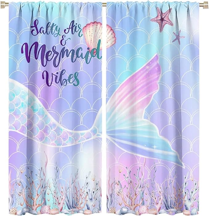Fantasy Mermaid Curtain Colorful Rainbow Fish Tail Ocean Theme Beautiful Kids Window Treatment for Girls Bedroom Nursery Room Decor Rod Pocket Window Drapes 63x72in