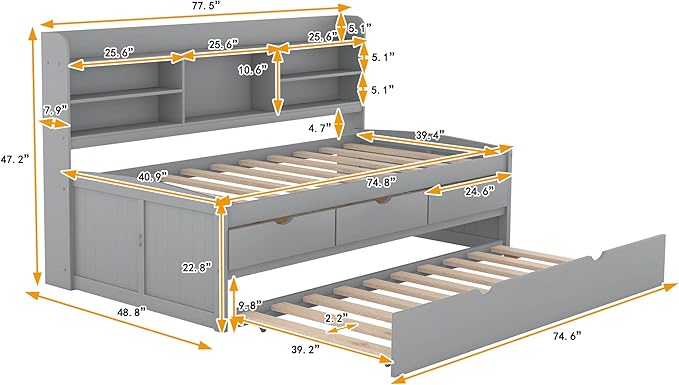 Harper & Bright Designs Twin Size Captain Bed with Built-in Bookshelves/3 Storage Drawers/Trundle, Wooden Twin Daybed Bed Frame for Kids Teens Dorm Bedroom Multipurpose Guest Room, Light Grey