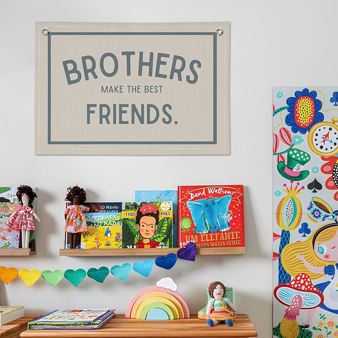 Brothers Make The Best Friends Banner, Boys Room Decor, Toddler Boy Room Decor, Linen Banner Wall Hanging Banner Flag Decor for Nursery Playroom 20x30