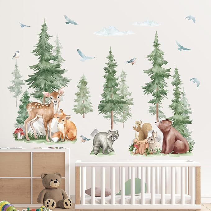 wondever Mountain Tree Wall Stickers Large Pine Tree Forest Animal Bear Fox Peel and Stick Wall Art Decals for Kids Room Baby Nursery Bedroom