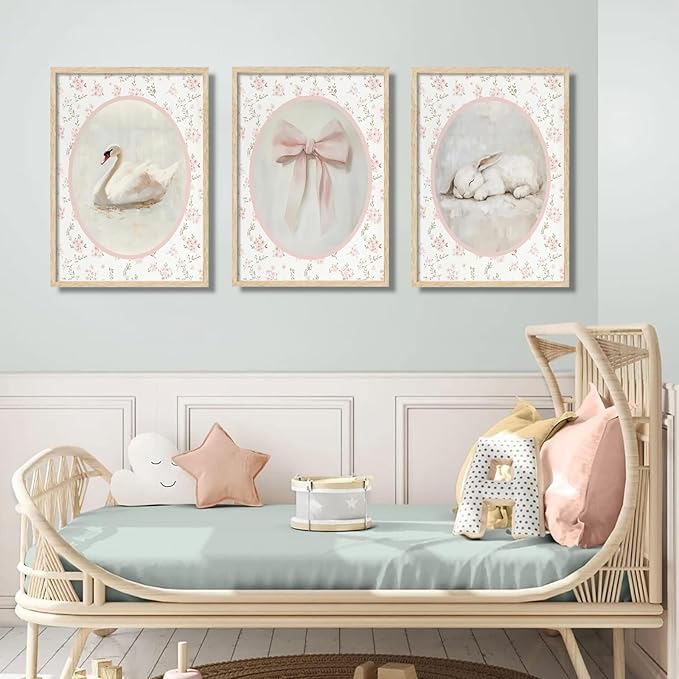 3Pcs Pink Vintage Nursery Wall Art Cute Animal Rabbit Swan Bow Flower Canvas Posters Prints Baby Girl Room Picture Wall Decor for Girls Room Bedroom Decorations Unframed