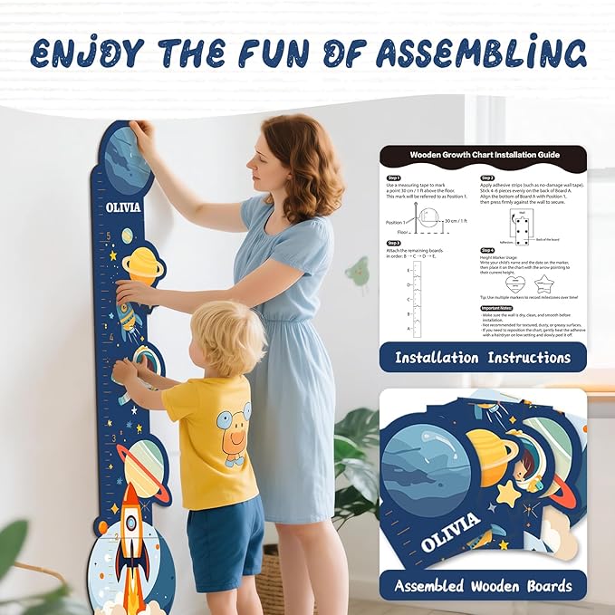 Personalized Name Wooden Growth Chart Wall Decor – Kids' Space Height Measurement Chart for Baby, Boys & Girls Room 62.5" x 15.5"