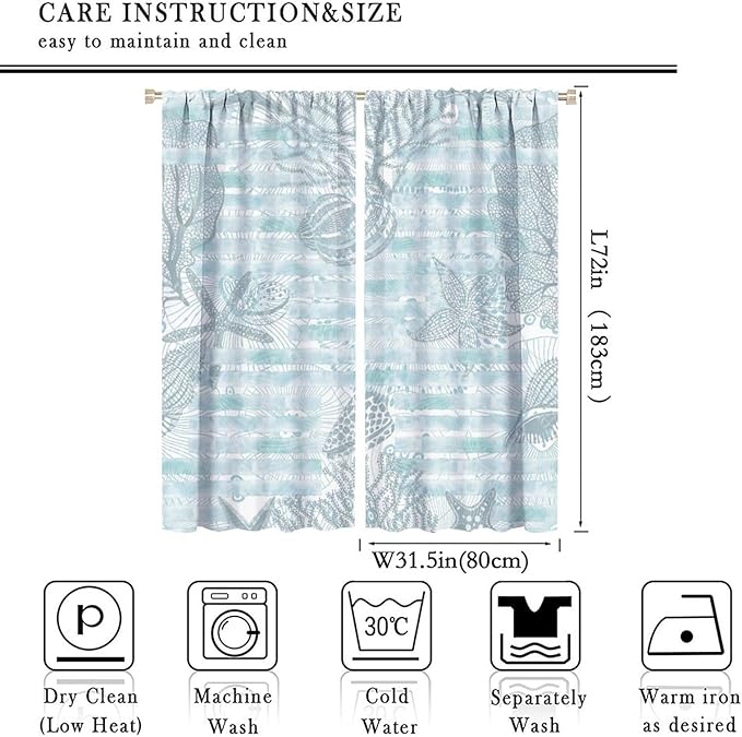 Starfish Curtains，Starfish and Seashells Coastal Curtain Ocean Themed Underwater Marine Decor Waterproof Fabric Curtain Set 2 Panels,63x72 Inches