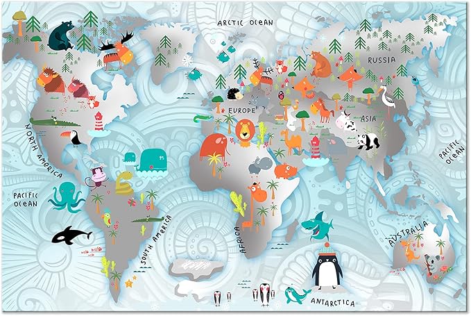 artgeist Textured Canvas Wall Art World Map for Children 35x24 in - 1pcs Painting Canvas Prints Picture Artwork Image Framed Contemporary Wall Home Animals Kids Blue Kindergarten k-C-0136-b-a