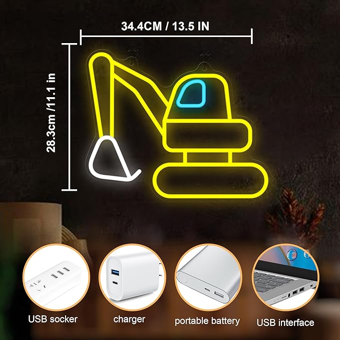 Excavator Neon Sign, Vibrant LED Light Decoration, Construction Decor for Boys Room, Bedroom, Playroom, Man Cave – Ideal Gift for Kids and Teens