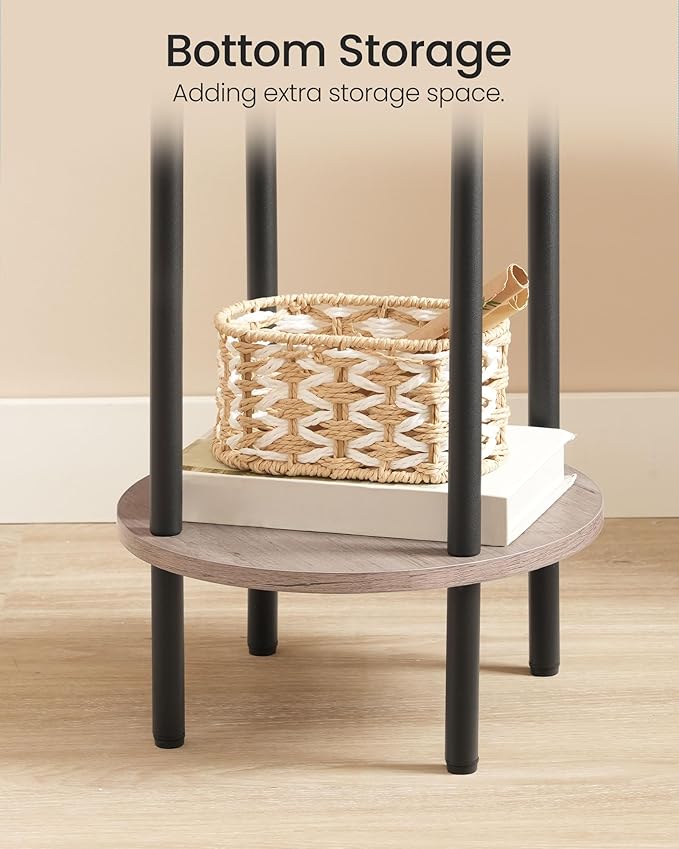Side Table Set of 2, Round End Table, 2-Tier Small Nightstand with Sturdy Metal Tube, Industrial Coffee Table, for Living Room, Bedroom, Greige and Black TBZ01P2BG