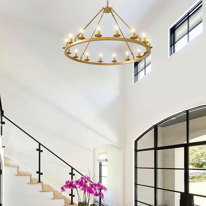 Wagon Wheel Chandelier, 16-Light Gold Round Modern Farmhouse Chandelier with Adjustable Height Hanging Island Light Fixture for High Ceiling Dining Room, Kitchen, Living Room, Entryways, Foyer