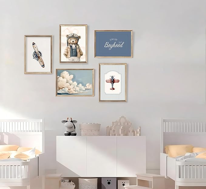 Vintage Baby Boy Nursery Wall Art Retro Airplane Travel Kids Room Canvas Wall Decor Teddy Bear Pictures Navy Blue Aviation Posters Cloudy Sky Painting Print Artwork for Boy Room Playroom, Unframed