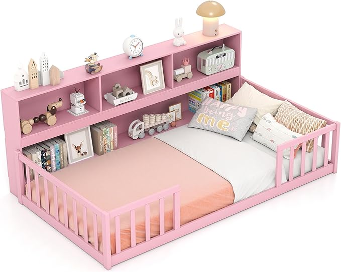 KOMFOTT Twin Floor Bed with Bookcase & Shelves, Wood Bed Frame with Bedside Bookshelves & Guardrails, Versatile 2-in-1 Montessori Floor Bed for Kids (Twin,Pink)