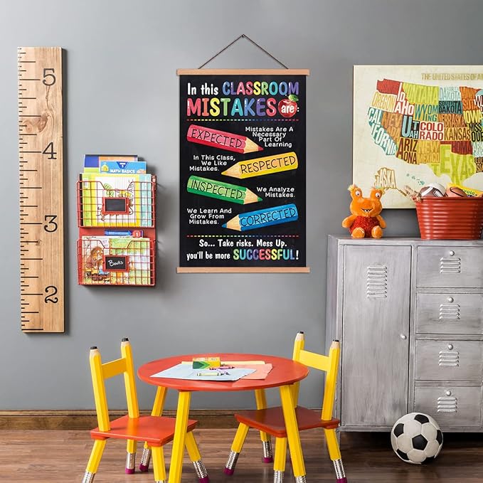 KAIRNE Kids Classroom Mistake Educational Poster With Wood Magnetic Hanger,Inspirational Quote Hanging Wall Art(35X56CM) Child Positive Canvas Art Print For Kids Room Classroom School Playroom Decor
