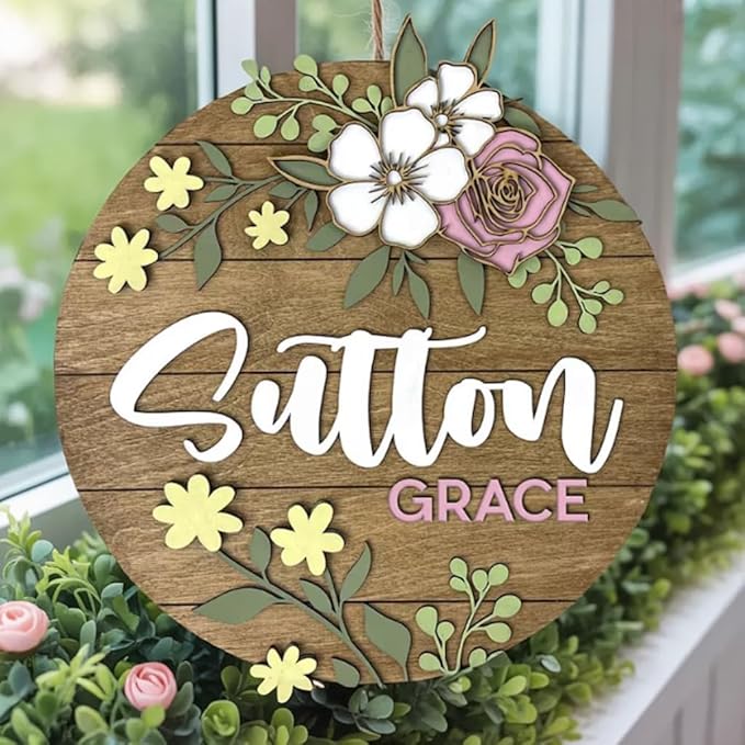 Custom Plaque with Engraved Name and Flowers – Personalized Wooden Name Signs for Nursery with Flowers, Baby Girl's Custom Name Sign Flower Room Decor, Gift for Newborn