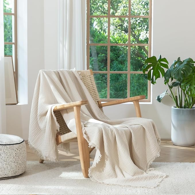 MooMee Muslin Blanket - 100% Cotton 4-Layer Gauze Throw Blanket with All-Around Fringe, Ultra-Soft Breathable Lightweight Cooling Decorative for Bed, Sofa & Couch (Beige,Super King 108" x 98")
