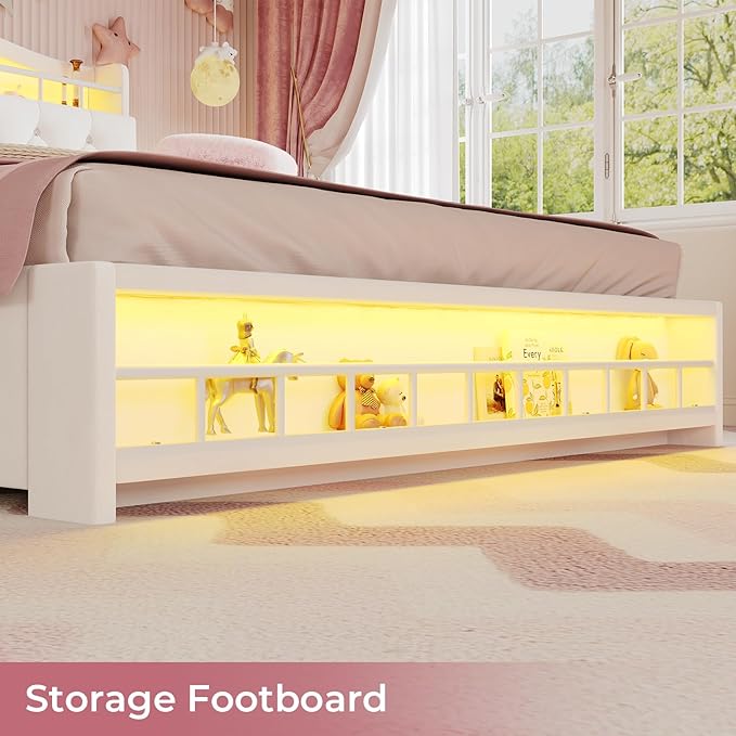 BTHFST Full Bed Frame with Storage Headboard & 4 Drawers, Girl Upholstered Storage Bed with LED Lights & Charging Station, No Box Spring Needed, Easy Assembly, Beige