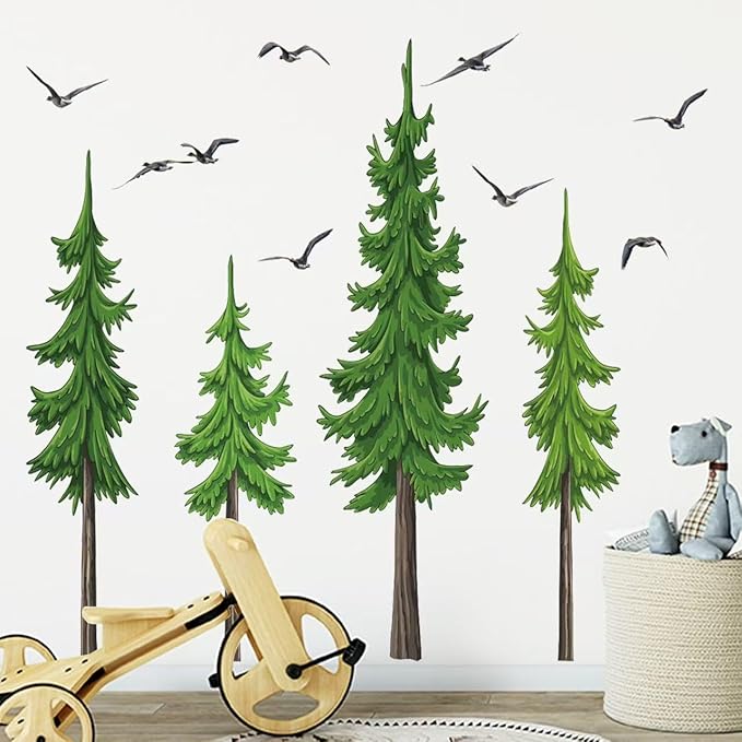 Watercolor Pine Tree Wall Stickers Christmas Woodland Wall Decals Large Peel and Stick Forest Wall Sticker Woodland Branch Birds Wall Decor for Nursery Bedroom Living Room