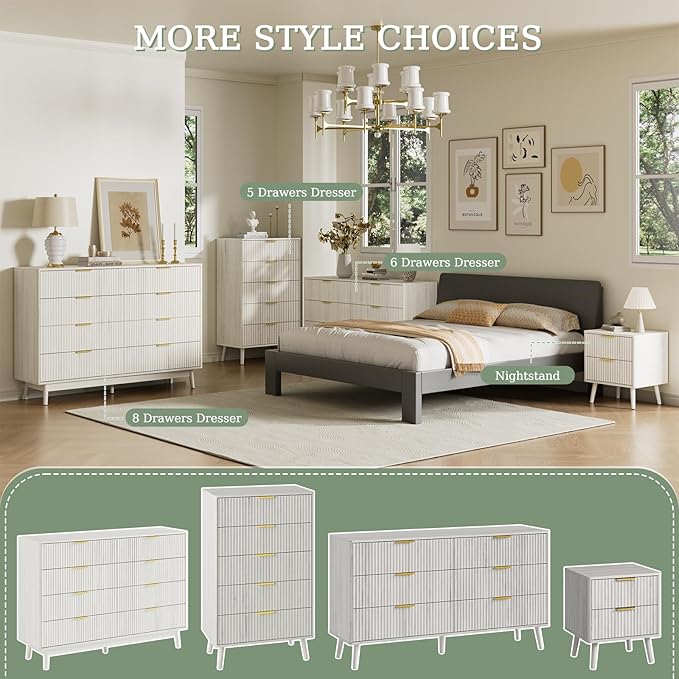 LYNSOM 55" Wide Fluted Dresser for Bedroom with 7 Drawer, Modern Chest of Drawers with Curved Profile Design and Metal Handles, Wood Dresser TV Stand & Storage Organizer for Living Room, White