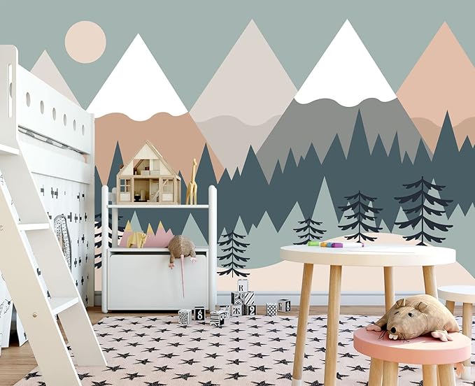 Children's Cartoon Mountain Peak Forest Sun Nursery Wall Mural Wallpaper 137" x 100"