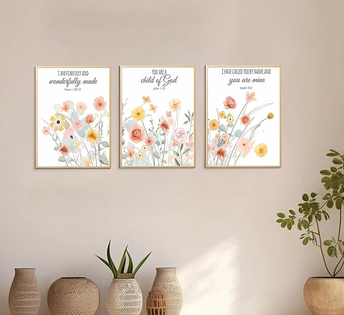 Esejchiam 3pcs Christian Floral Wall Art Wildflowers Bible Verse Canvas Wall Decor Boho Floral Paintings Prints Poster for Living Room Bedroom Home Decorations Unframed