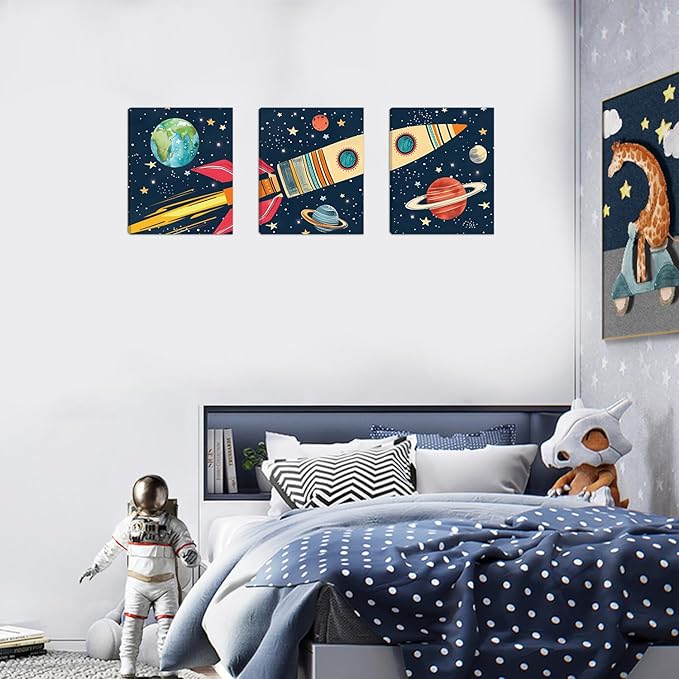 KAIRNE Rocket Outer Space Decor,Solar System Wall Art,The Planets Hanging Decor,Rocket Artwork Paintings out of space decor for Boys Bedroom Toddler Kids Room Classroom Decoration