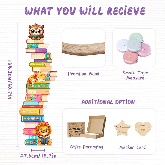 Personalized Name Wooden Growth Charts for Kids, Stacks of Book Height Measurement for Wall Girls Boys Teen Room Nursery Decor