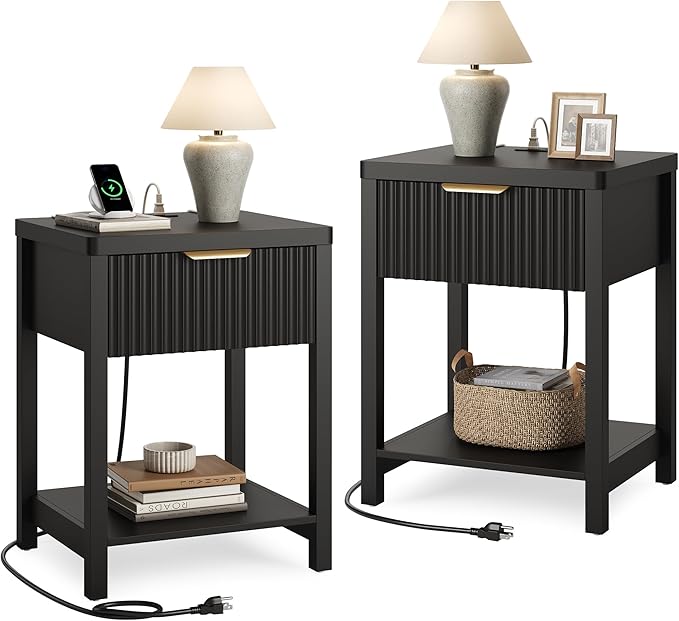 Lulive Night Stand Set 2, Fluted Nightstand with Charging Station, Wood Modern Bedside End Table with Storage Drawer for Bedroom, Save Space (Set of 2, Black)