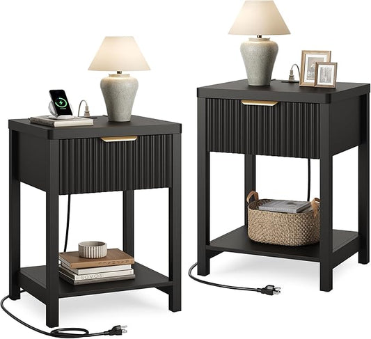 Lulive Night Stand Set 2, Fluted Nightstand with Charging Station, Wood Modern Bedside End Table with Storage Drawer for Bedroom, Save Space (Set of 2, Black)