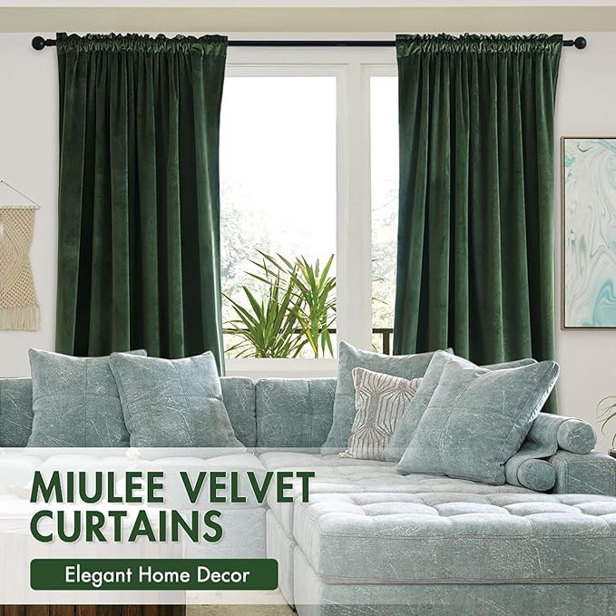 MIULEE Olive Green Velvet Curtains Thermal Insulated Blackout Curtain Drapes for Bedroom Living Room Darkening 80 Inches Long Curtains Panels Rod Pocket Set of 2