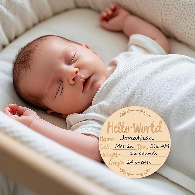 Wooden Baby Announcement Sign, 5.9Inches Hello World Newborn Signs, Double Sided Birth Announcement Sign, Lovely Babies Name Plaques for Photo Prop Ba-by Shower Hospital Nursery Gift.
