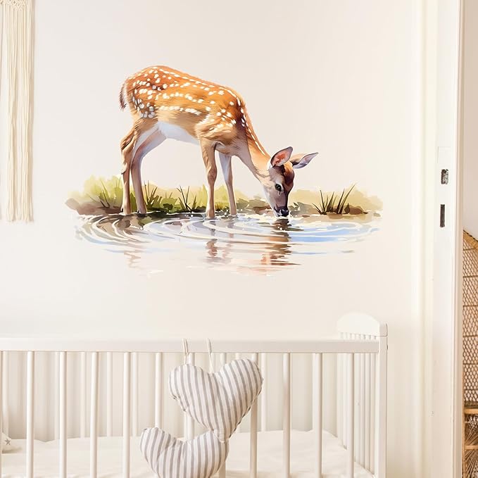 Sika Deer Drinking Water Wall Decal Nursery Woodland Animal Wall Sticker Removable Peel and Stick Wall Art Decor for Kid Baby Classroom Preschool Living Room Playroom Bedroom School