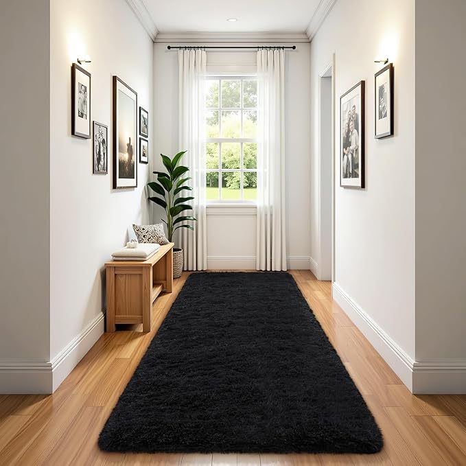 BENRON Soft Runner Rugs for Bedroom 2x8, Washable Long Runners for Hallway Entryway Kitchen Dorm, Fluffy Throw Rug for Kids Girls Room Decor Photo Prop, Black