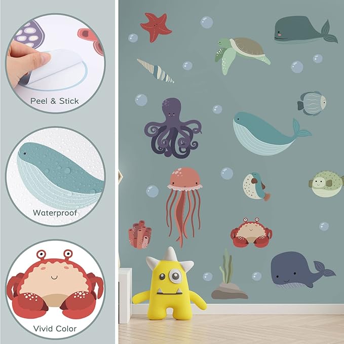 Sea Life Wall Decals Removable Vinyl Ocean Decor Stickers for Boys Girls Bedroom Bathroom Baby Room Nursery Classroom Decoration