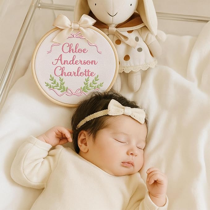 Personalized Baby Name Sign Welcome Baby Announcement Sign Newborn Baby Embroidery Hoop with Bows Baby Hospital Name Sign Custom Infant Baby Name Baby Shower Gifts (13)