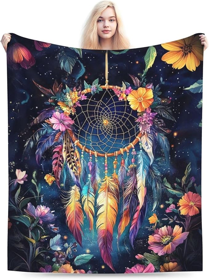 Dream Catcher Blanket Floral Feather Decor Throw Blanket Super Soft Flannel Lightweight Fluffy Plush Cozy Fuzzy Fleece Gifts Blanket for Girl Woman Man Boys Kids Adults for Bed Sofa 50"X60"