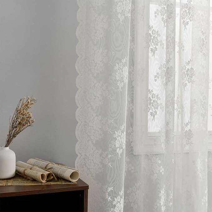 Kotile Ivory Lace Curtains 54 Inch Length for Bedroom, Country Rustic Floral Sheer Lace Curtains 2 Panels Set, Rod Pocket Privacy Window Lace Curtain Panels, 42 x 54 Inch Each, Ivory