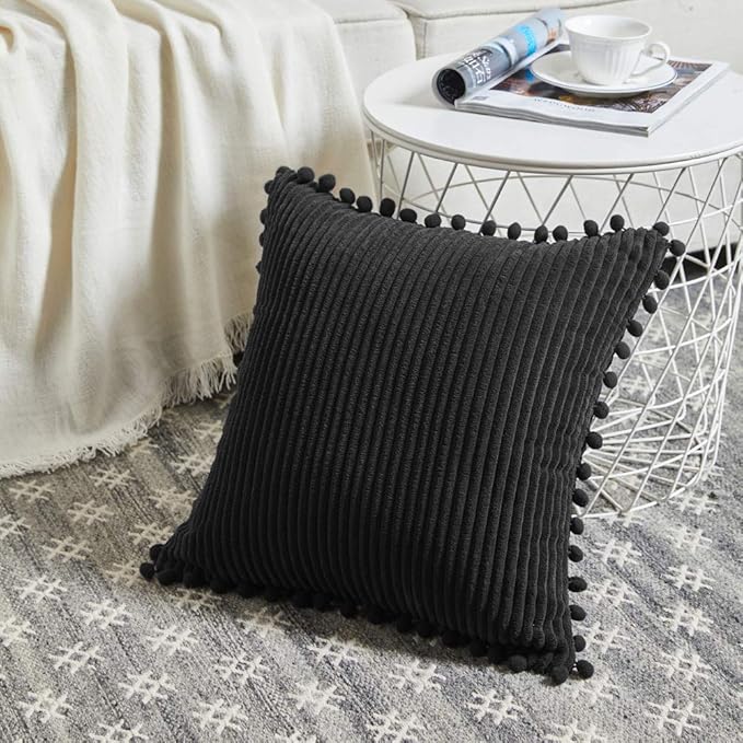 Fancy Homi Pack of 2 Corduroy Soft Decorative Throw Pillow Covers with Pom-poms, Solid Square Cushion Case Pillow Cases Set for Couch Sofa Bedroom Car Living Room (22"x22", Black)