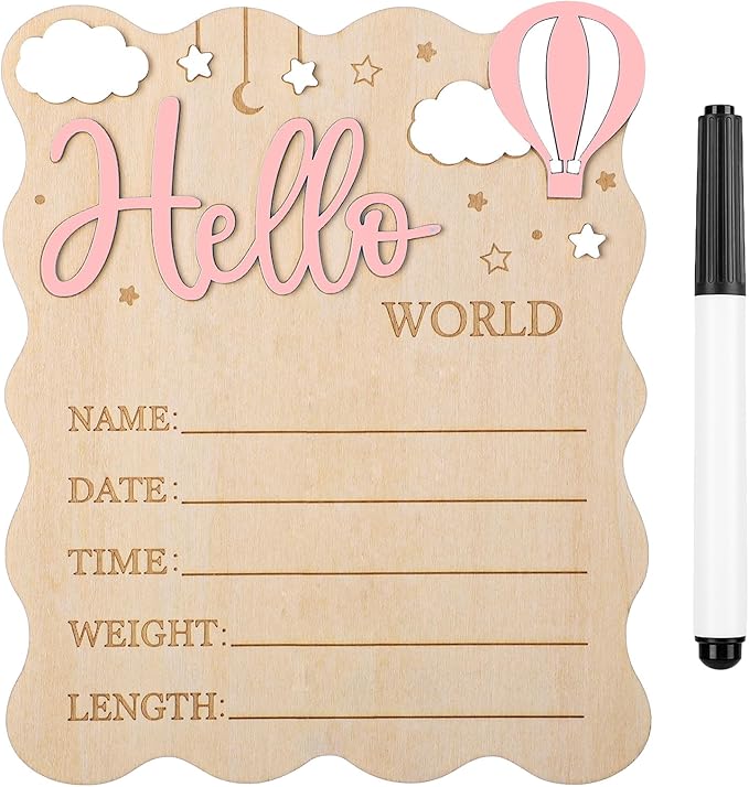 Baby Announcement Sign,Wooden Hello World Newborn Signs Birth Announcement Sign and Pen for Baby Shower Hospital Nursery Newborn Boys and Girls (Pink)