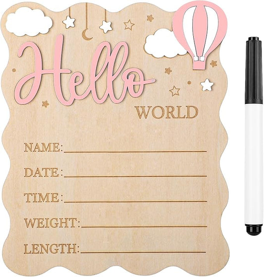 Baby Announcement Sign,Wooden Hello World Newborn Signs Birth Announcement Sign and Pen for Baby Shower Hospital Nursery Newborn Boys and Girls (Pink)