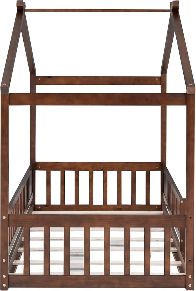 Merax Twin Size Wooden House Bed with Fence, Wood Bed Frame with Roof and Safety Guardrail for Kids, Teens, Boys or Girls, Walnut