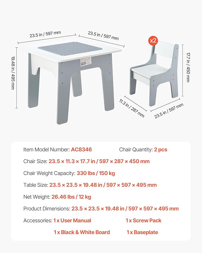 VEVOR Kid Activity Table and 2 Chairs Set, 23*23*20inch Graffiti & Building Blocks Double-Sided Tabletop, Toddler Play Table with Storage for Kids 3+ Years, Large Storage Space, Gift for Boys & Girls