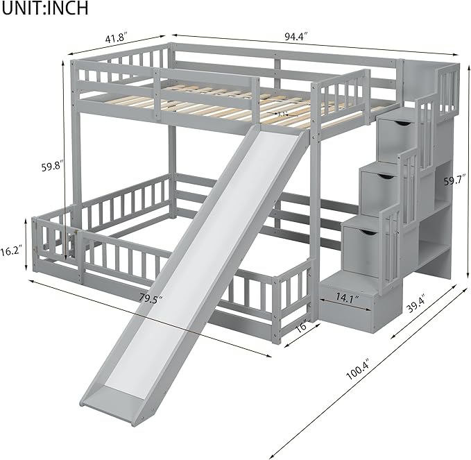 Twin Over Full Bunk Bed with Slide, Solid Wood Bunk Bed with Safety Guardrails and Storage Staircase for Kids Teens Boys Girls Bedroom, Space Saving Design (Grey-30c)