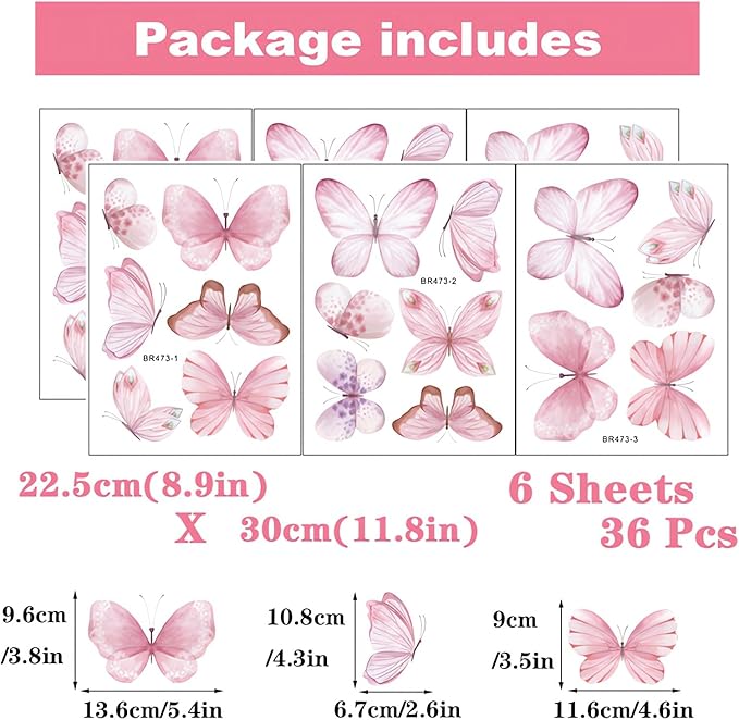 6 Sheets 36 Pcs Pink Butterfly Wall Stickers, sacinora DIY Watercolor Art Wall Decals Removable Vinyl Peel and Stick for Kids Baby Nursery Living Room Bedroom Playroom Sofa TV Background Decorations