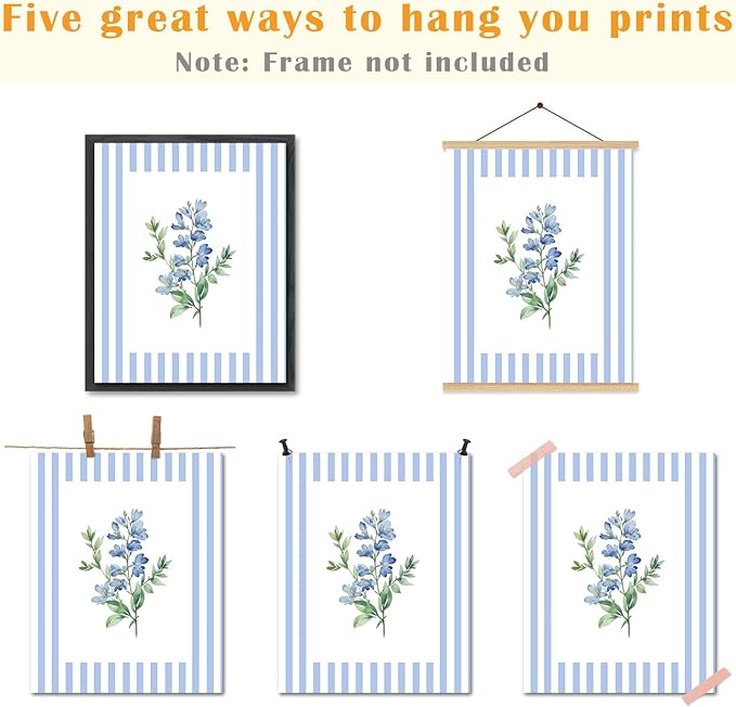JINYO Blue Wall Art Decor, Vintage Blue and White Striped Floral Wall Art Prints Set of 4, Rustic Cottagecore Botanical Wall Decor Posters Pictures for Home Bedroom Living Room, 8x10 Unframed