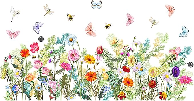 Colorful Flower Wall Decals Butterfly Wildflower Wall Stickers Floral Decor for Girls Bedroom Living Room Bedroom Wall Decor