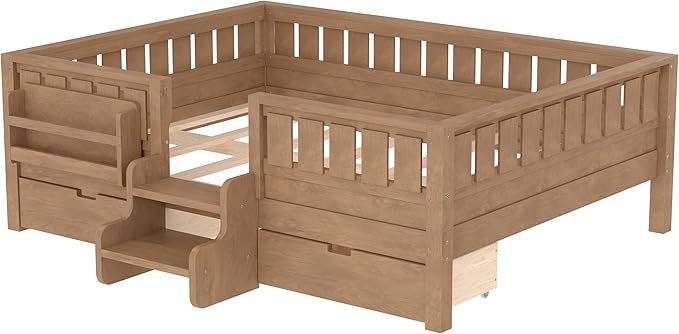 Bellemave Full Size Kids Bed with high Rails and with Built-in Bookshelf and Drawers for Kids, Girls, Boys, Wood Montessori Bed Without Door, Natural