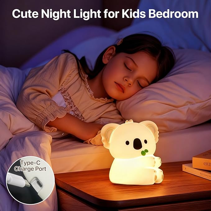 Cute Koala Night Light for Kids Rechargeable, Battery Operated Nightlight 3 Level Dimmable with RGB&Timer, Silicone Touch Nursery Lamp for Baby Girls Boys Bedroom Gifts
