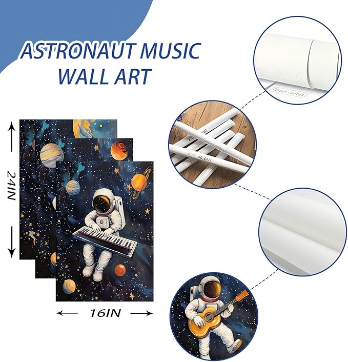 3Pcs Space Astronaut Music Posters Wall Art Cute Astronaut Musician Decor Pictures Funny Piano Guitar Violin Posters Prints for Boys Room Girls Room Kids Room Nursery Decoration Unframed