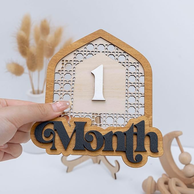 Wooden Baby Monthly Milestone Set with Patterned House Frame, 3D Numbers and Month Months Signs, Natural Wood Newborn Photo Prop for Baby Monthly Pictures
